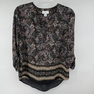 Jaclyn Smith Blouse Top Womens Large Multicolor Paisley V Neck High Low Hem